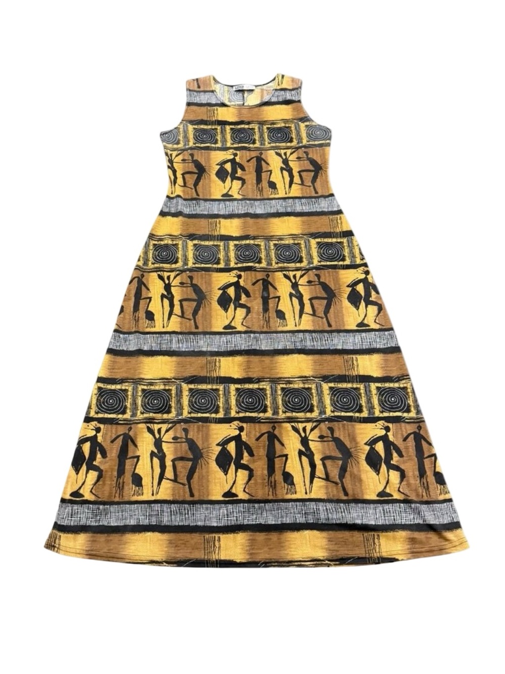 Vintage 1990s Back Stage Tribal Print Maxi Dress Black Brown